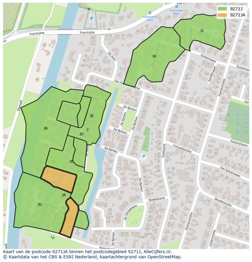 Afbeelding van het postcodegebied 9271 JA op de kaart.
