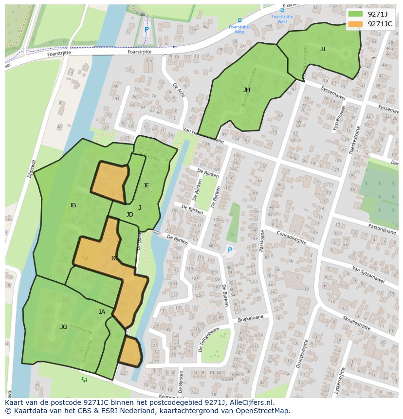 Afbeelding van het postcodegebied 9271 JC op de kaart.