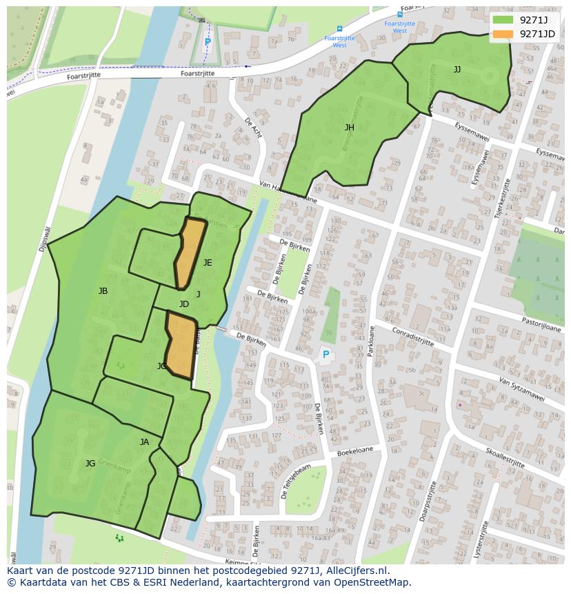 Afbeelding van het postcodegebied 9271 JD op de kaart.