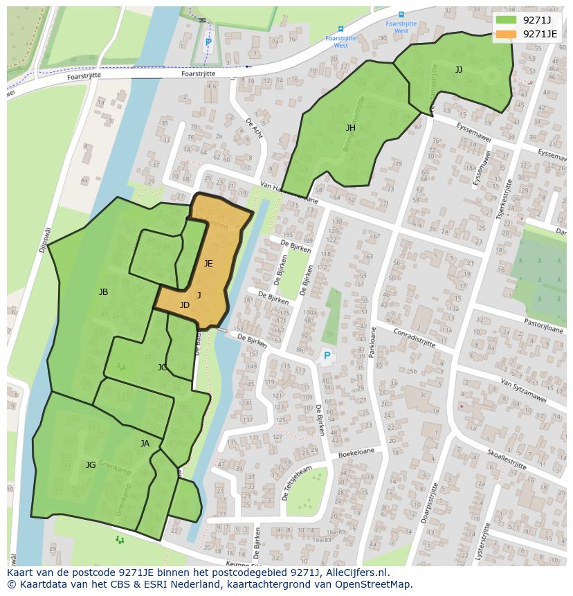 Afbeelding van het postcodegebied 9271 JE op de kaart.