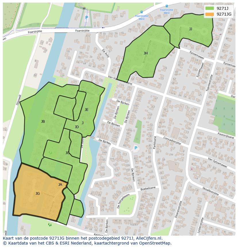 Afbeelding van het postcodegebied 9271 JG op de kaart.