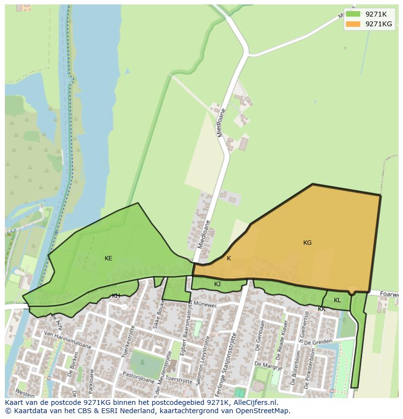 Afbeelding van het postcodegebied 9271 KG op de kaart.