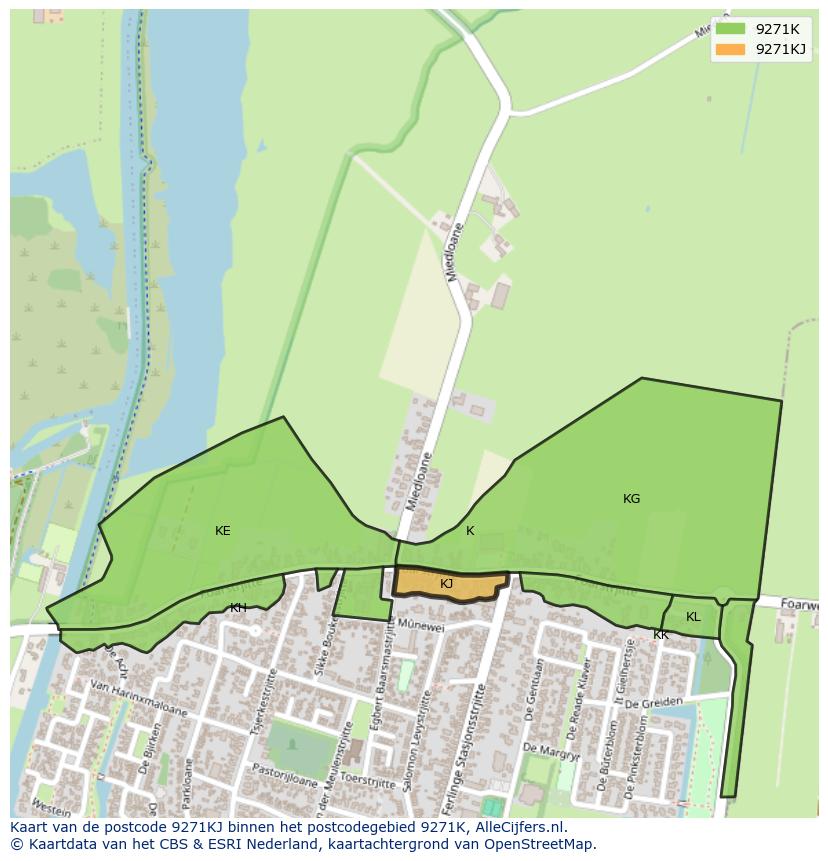 Afbeelding van het postcodegebied 9271 KJ op de kaart.