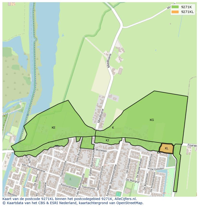 Afbeelding van het postcodegebied 9271 KL op de kaart.