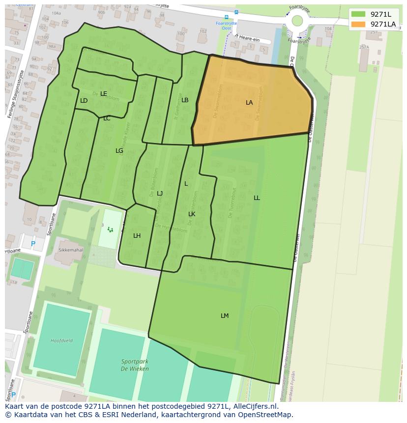 Afbeelding van het postcodegebied 9271 LA op de kaart.