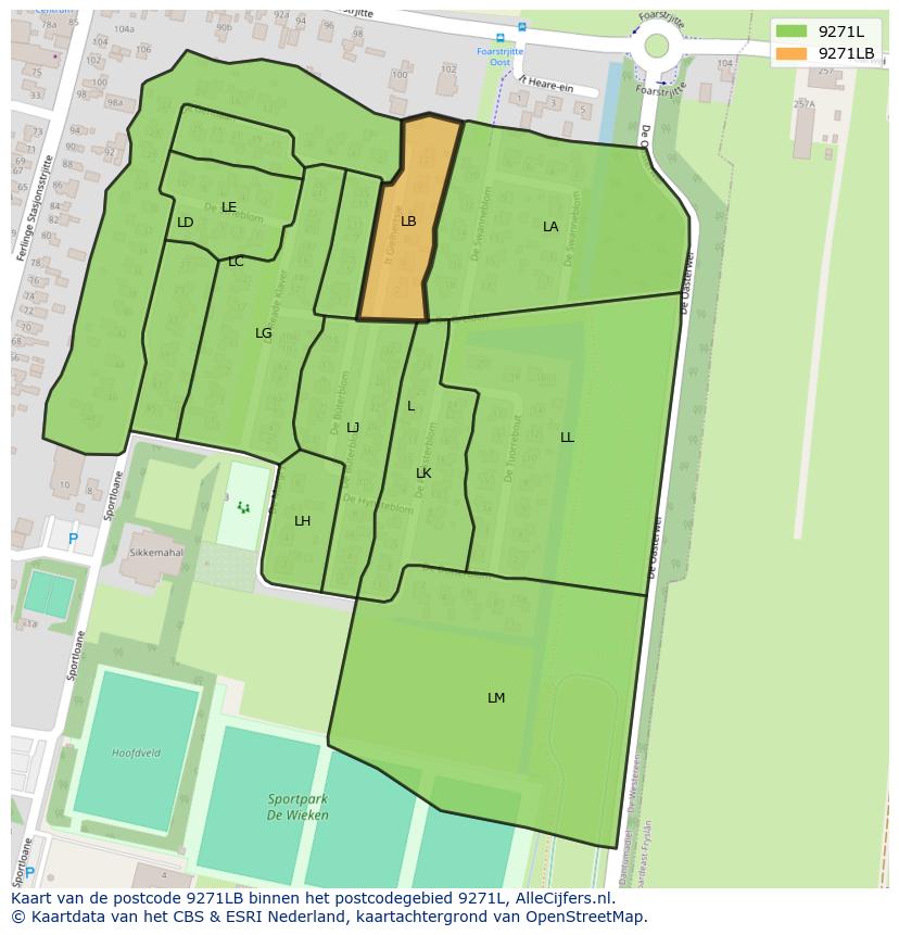 Afbeelding van het postcodegebied 9271 LB op de kaart.