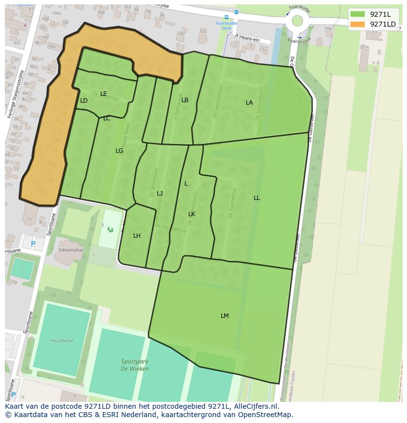 Afbeelding van het postcodegebied 9271 LD op de kaart.