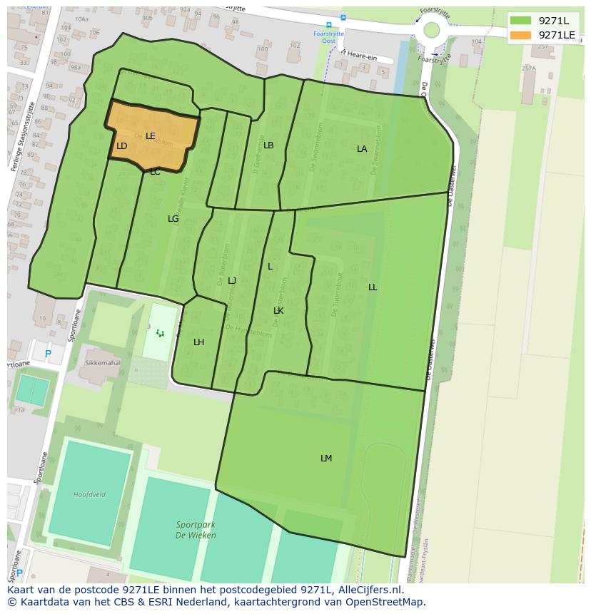 Afbeelding van het postcodegebied 9271 LE op de kaart.