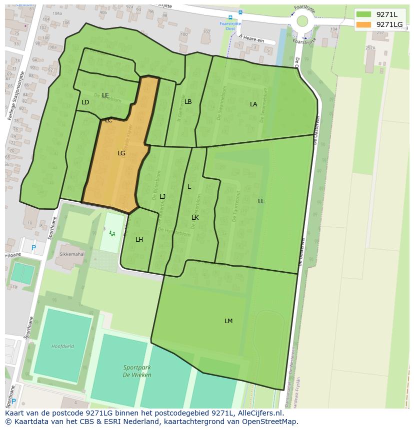 Afbeelding van het postcodegebied 9271 LG op de kaart.