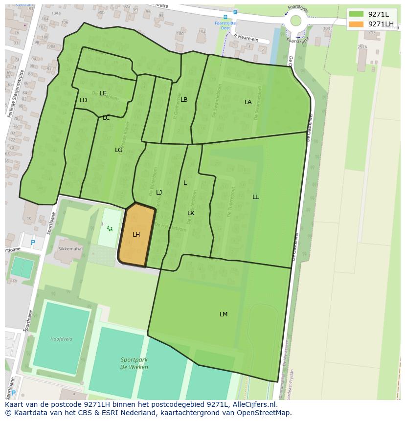 Afbeelding van het postcodegebied 9271 LH op de kaart.
