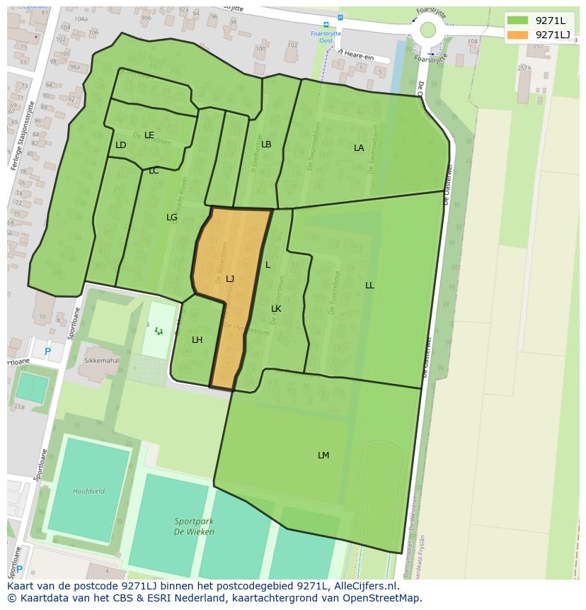 Afbeelding van het postcodegebied 9271 LJ op de kaart.