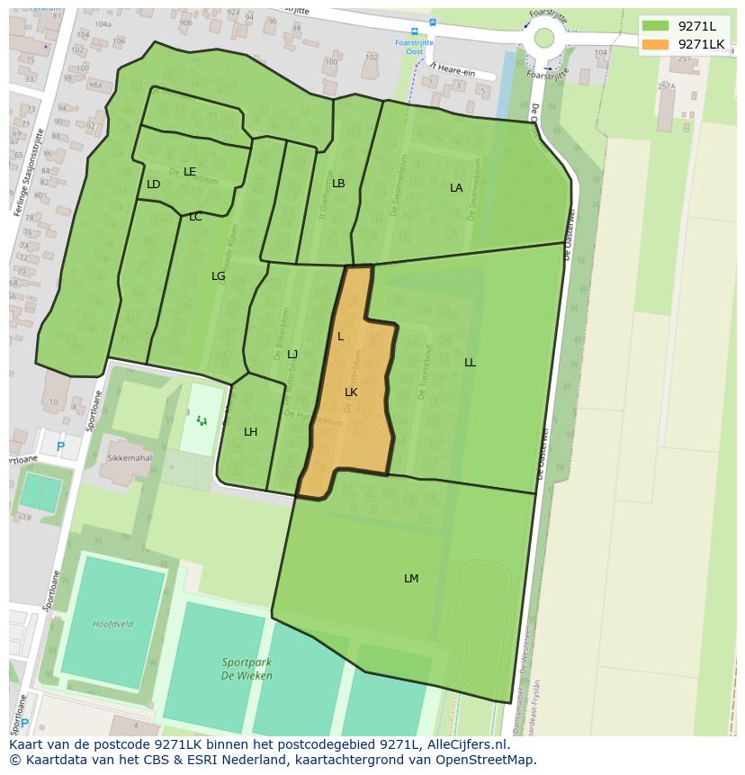 Afbeelding van het postcodegebied 9271 LK op de kaart.