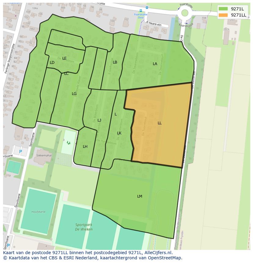 Afbeelding van het postcodegebied 9271 LL op de kaart.