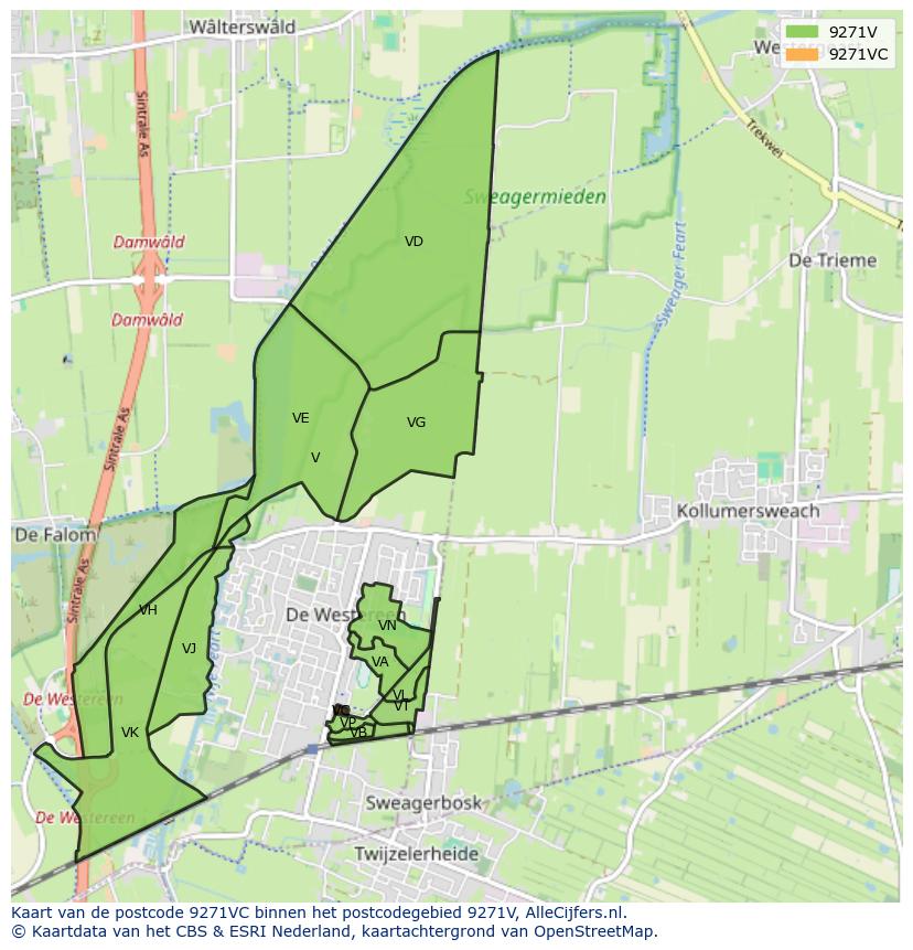 Afbeelding van het postcodegebied 9271 VC op de kaart.