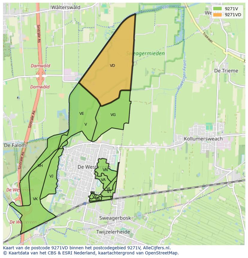 Afbeelding van het postcodegebied 9271 VD op de kaart.