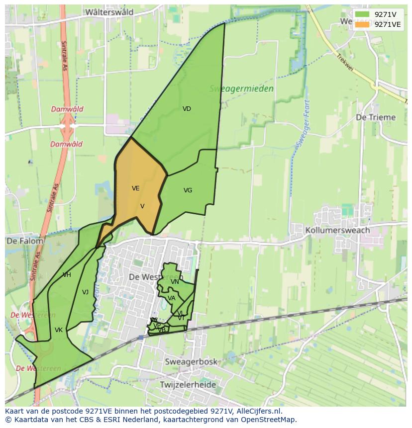Afbeelding van het postcodegebied 9271 VE op de kaart.