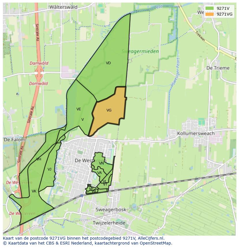 Afbeelding van het postcodegebied 9271 VG op de kaart.