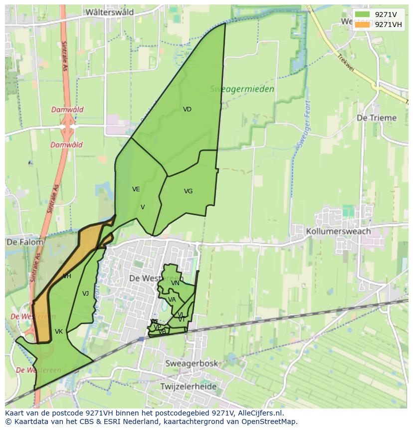 Afbeelding van het postcodegebied 9271 VH op de kaart.