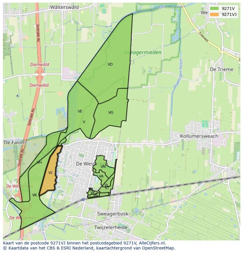 Afbeelding van het postcodegebied 9271 VJ op de kaart.