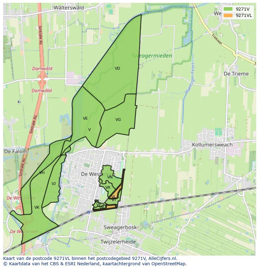 Afbeelding van het postcodegebied 9271 VL op de kaart.