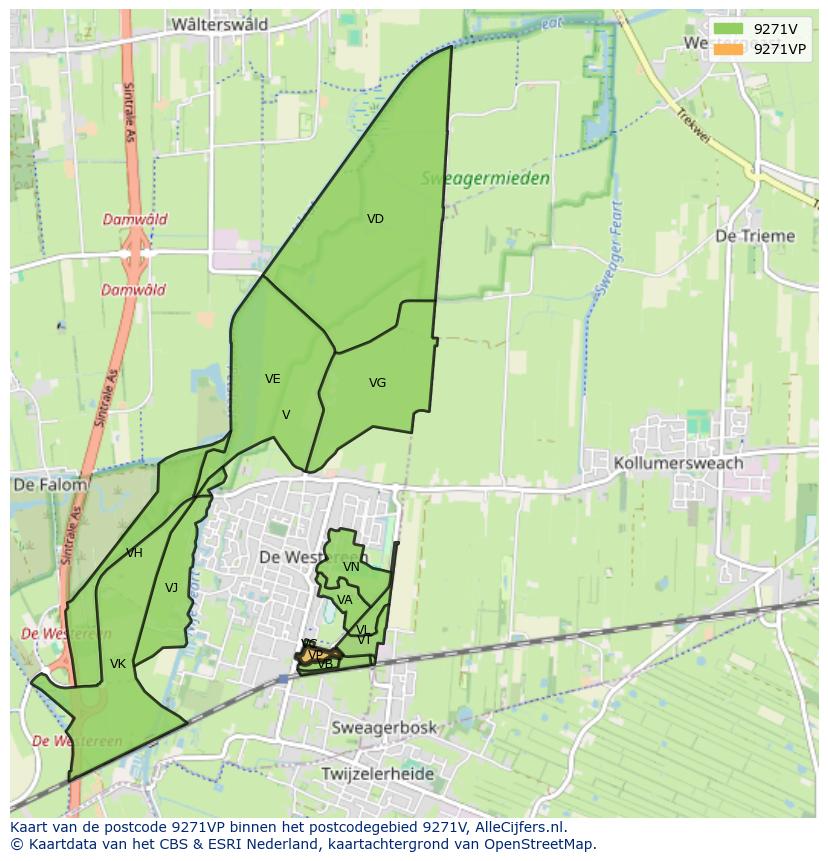 Afbeelding van het postcodegebied 9271 VP op de kaart.