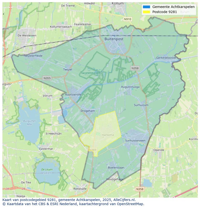 Afbeelding van het postcodegebied 9281 op de kaart.