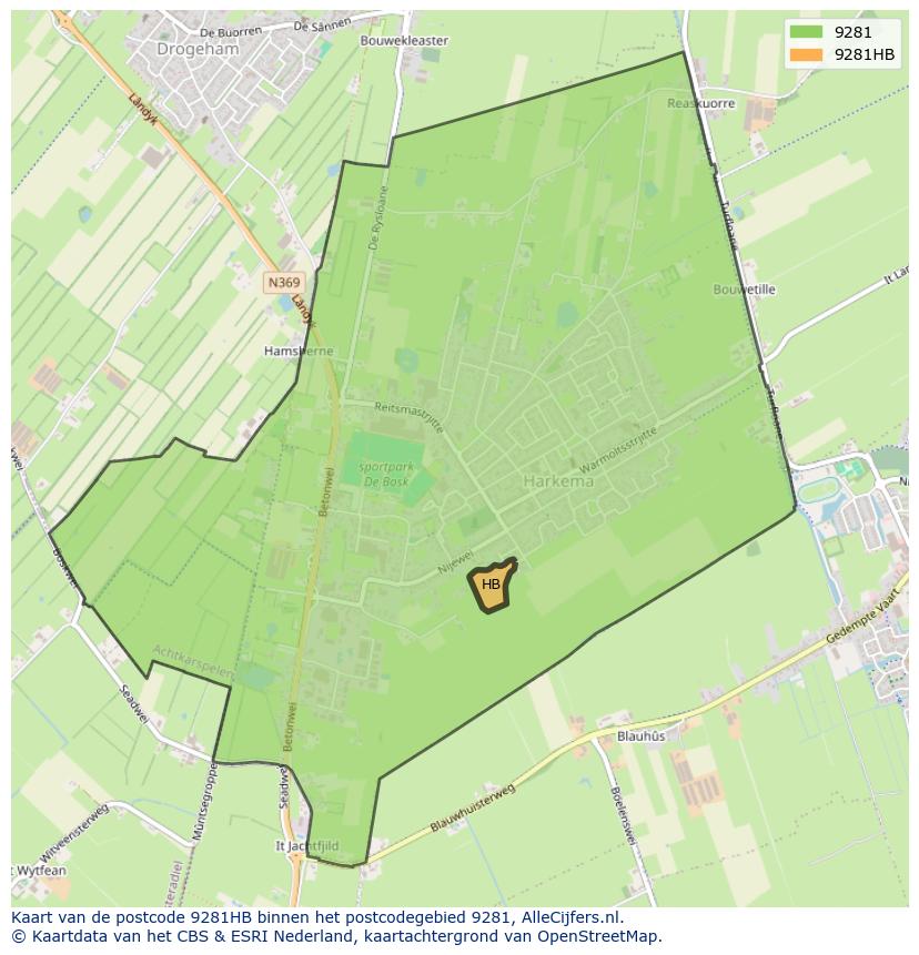 Afbeelding van het postcodegebied 9281 HB op de kaart.
