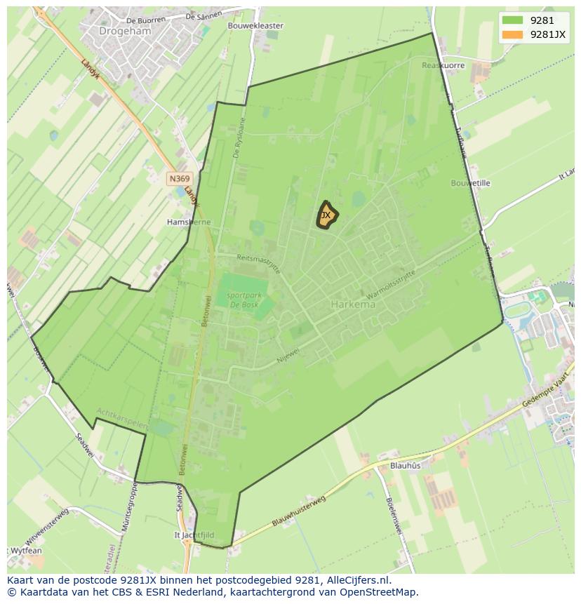 Afbeelding van het postcodegebied 9281 JX op de kaart.