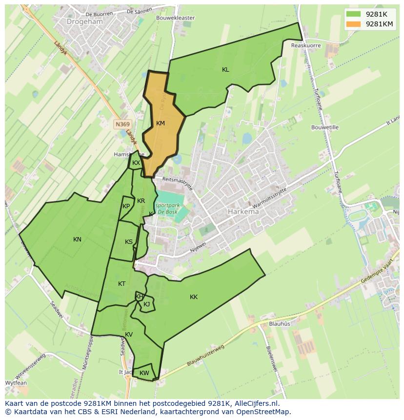 Afbeelding van het postcodegebied 9281 KM op de kaart.