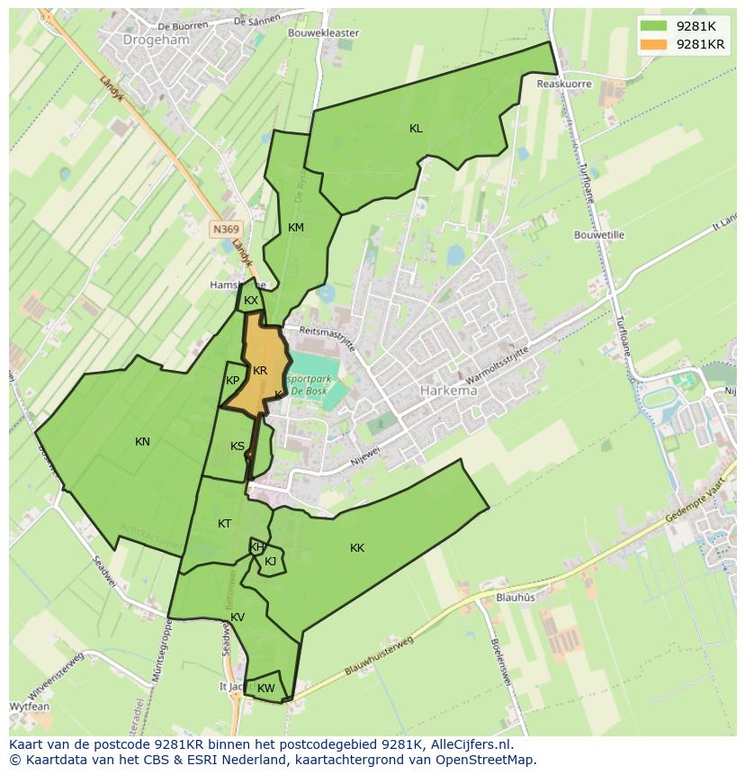 Afbeelding van het postcodegebied 9281 KR op de kaart.