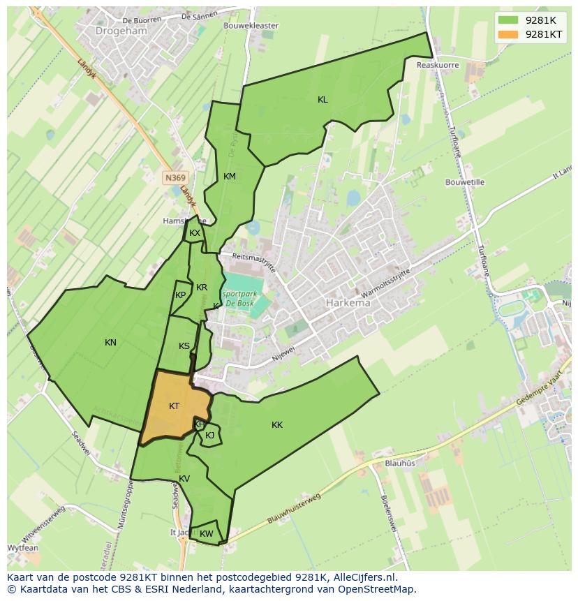 Afbeelding van het postcodegebied 9281 KT op de kaart.