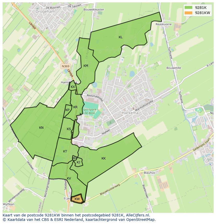 Afbeelding van het postcodegebied 9281 KW op de kaart.