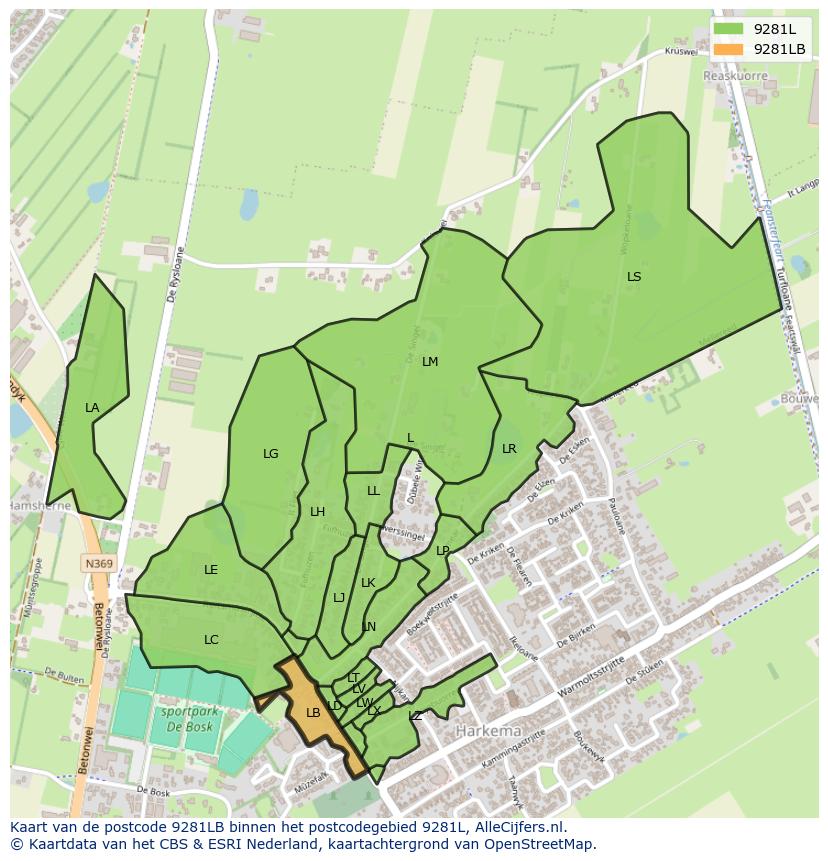 Afbeelding van het postcodegebied 9281 LB op de kaart.