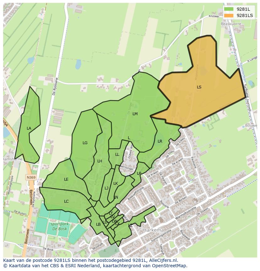 Afbeelding van het postcodegebied 9281 LS op de kaart.