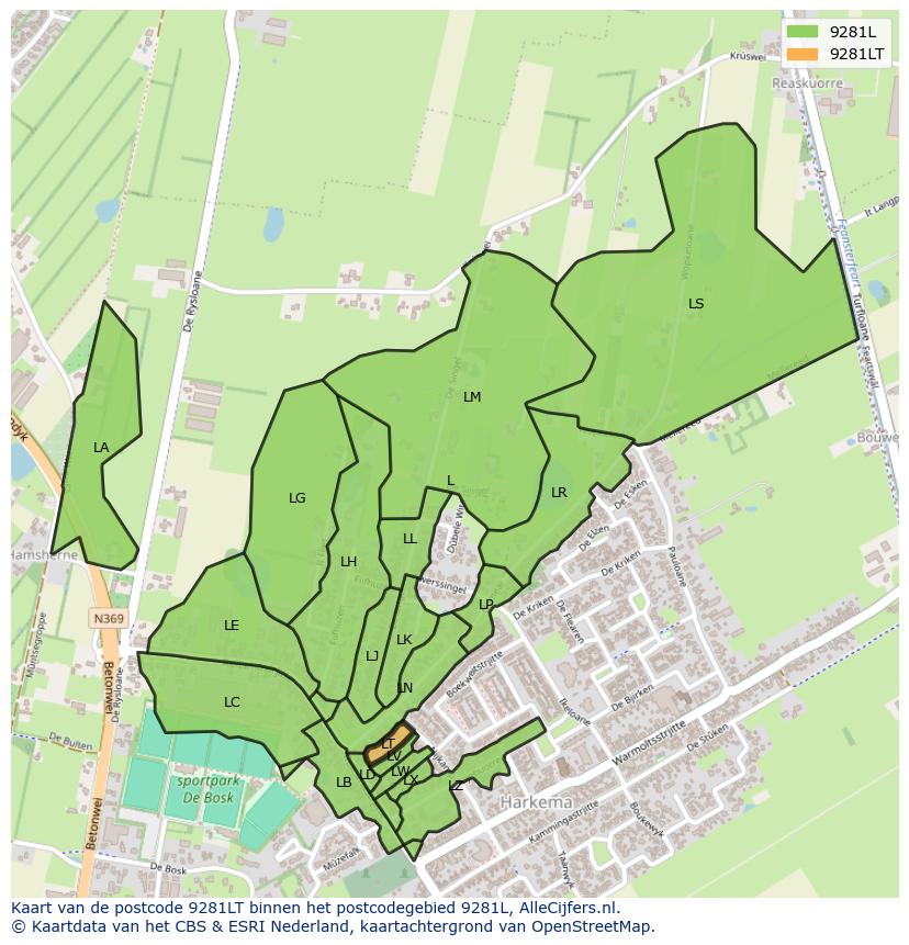 Afbeelding van het postcodegebied 9281 LT op de kaart.