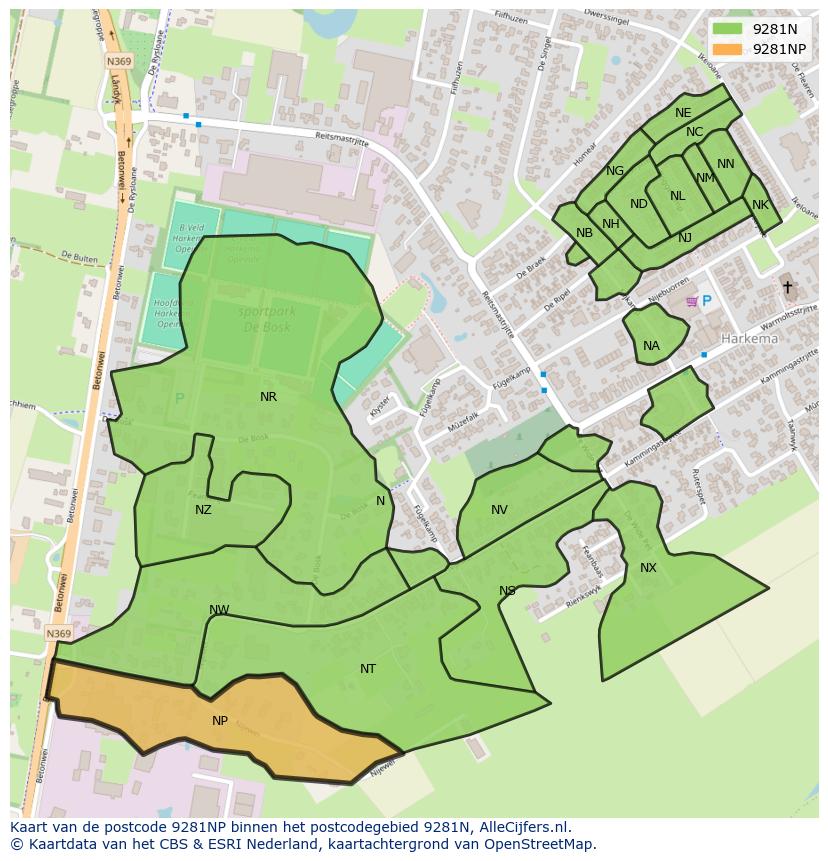Afbeelding van het postcodegebied 9281 NP op de kaart.