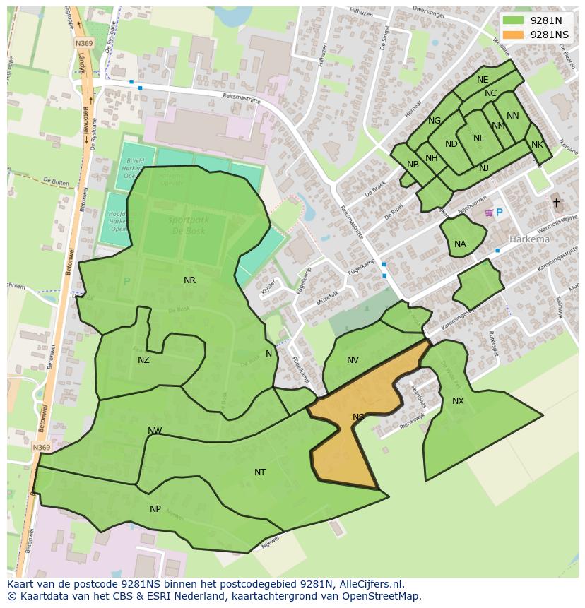 Afbeelding van het postcodegebied 9281 NS op de kaart.