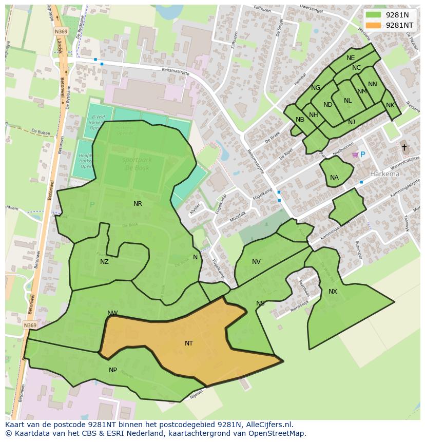 Afbeelding van het postcodegebied 9281 NT op de kaart.