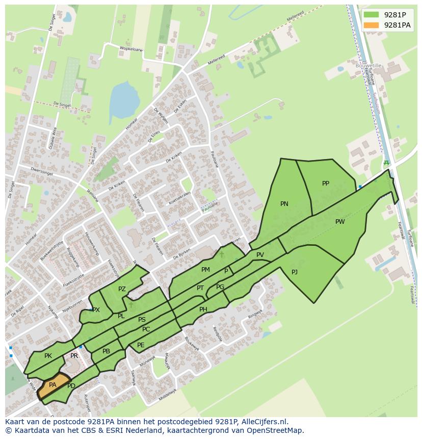 Afbeelding van het postcodegebied 9281 PA op de kaart.