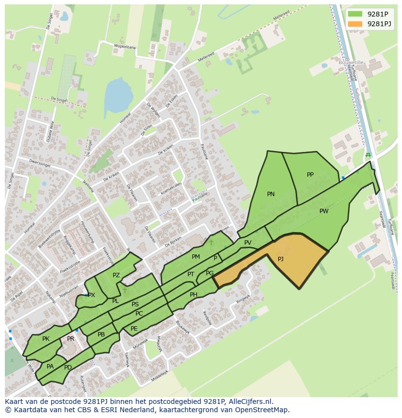 Afbeelding van het postcodegebied 9281 PJ op de kaart.