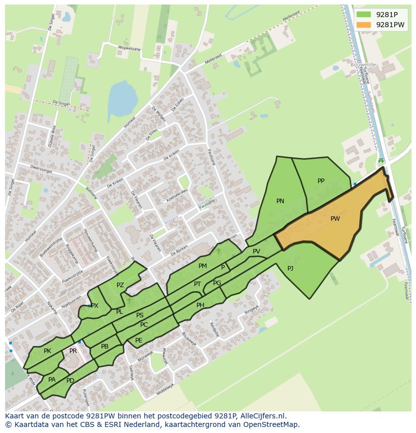 Afbeelding van het postcodegebied 9281 PW op de kaart.