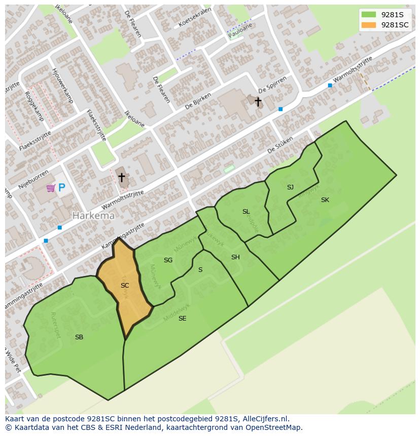 Afbeelding van het postcodegebied 9281 SC op de kaart.