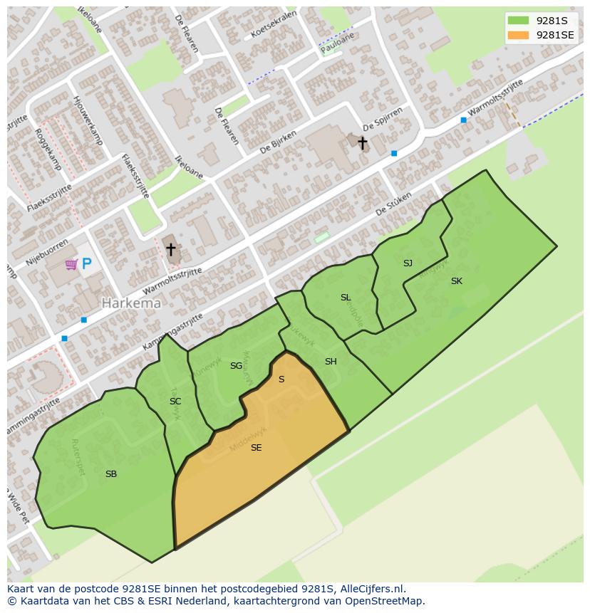 Afbeelding van het postcodegebied 9281 SE op de kaart.