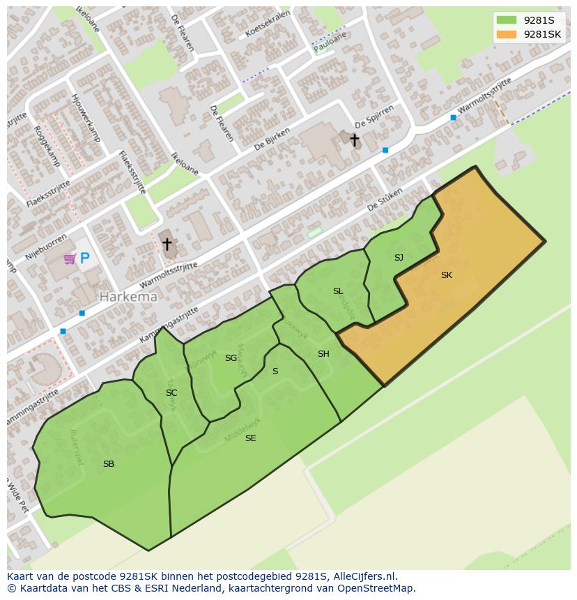 Afbeelding van het postcodegebied 9281 SK op de kaart.