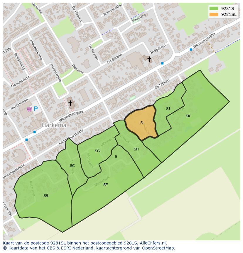 Afbeelding van het postcodegebied 9281 SL op de kaart.