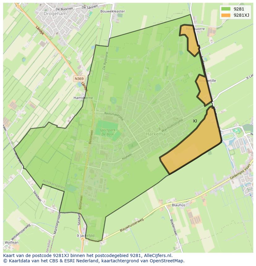 Afbeelding van het postcodegebied 9281 XJ op de kaart.