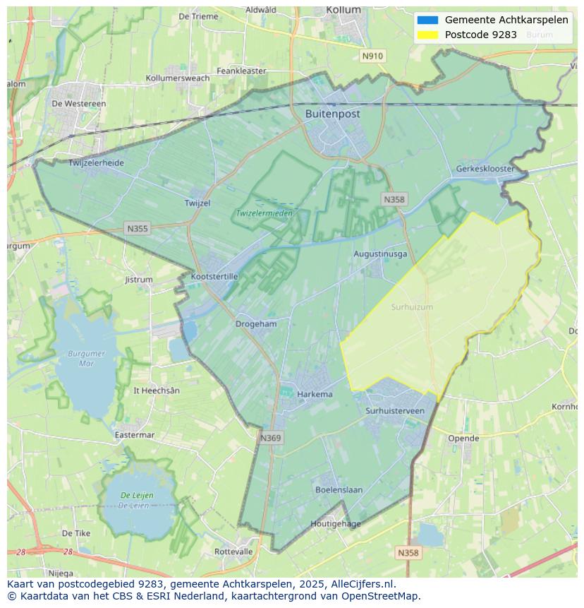 Afbeelding van het postcodegebied 9283 op de kaart.