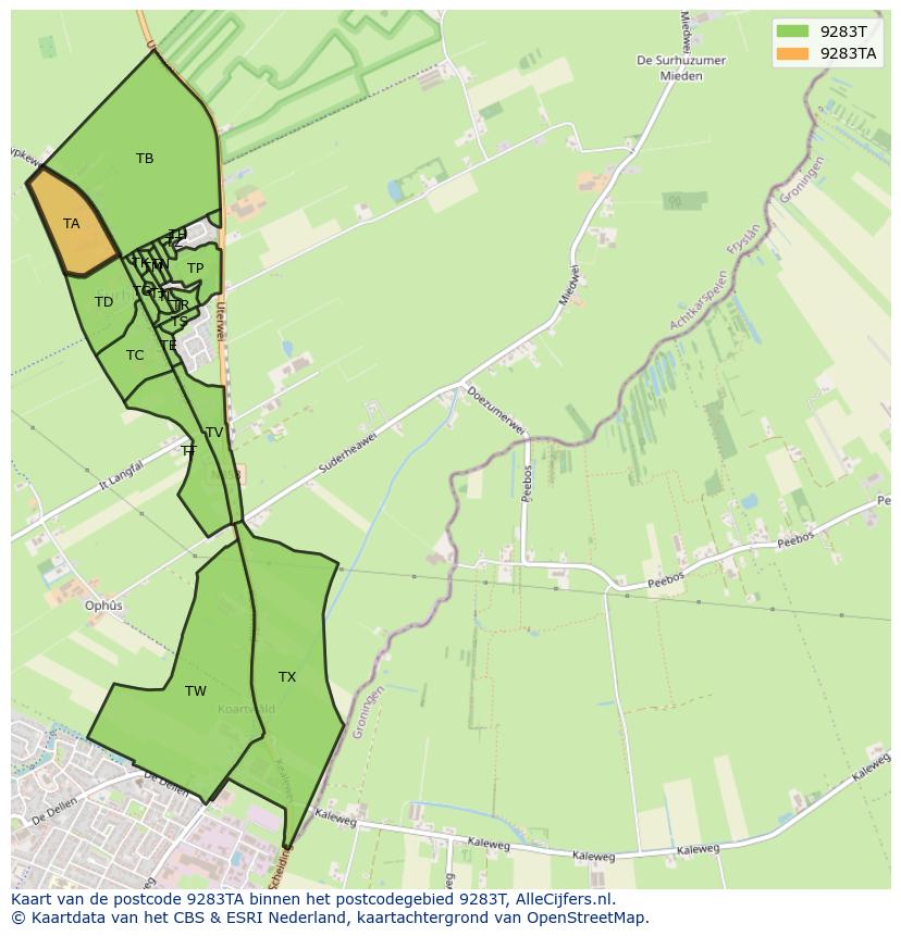 Afbeelding van het postcodegebied 9283 TA op de kaart.
