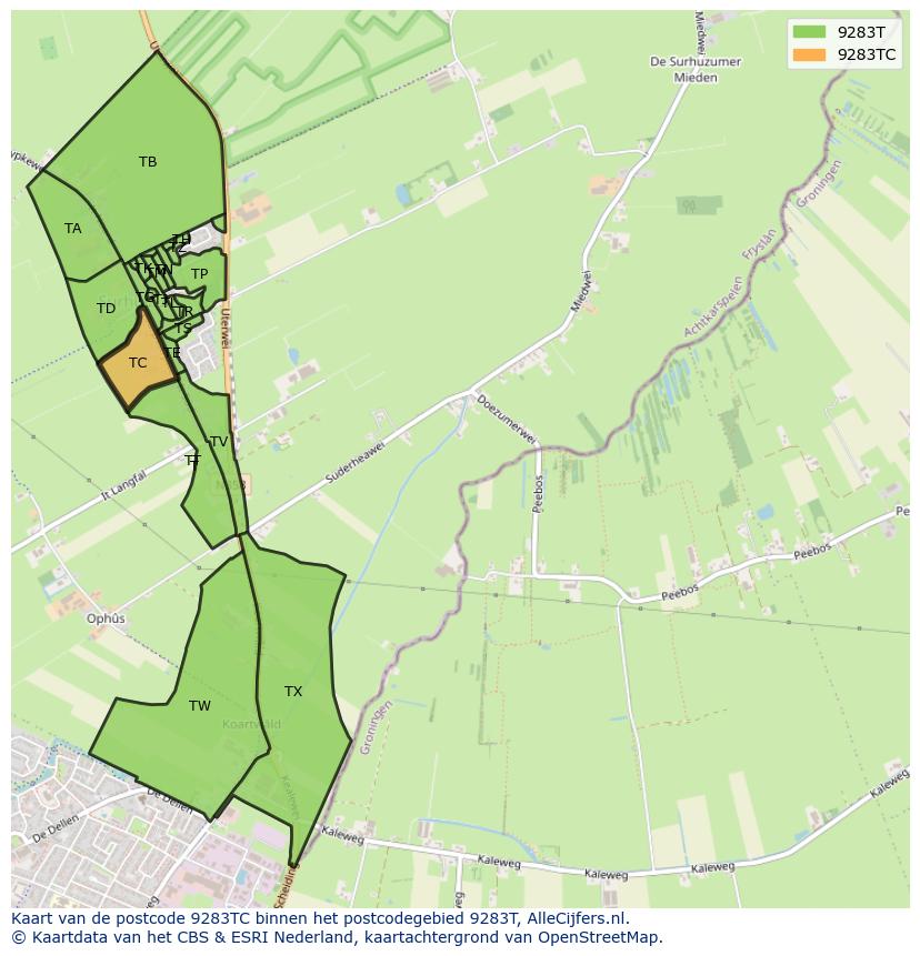 Afbeelding van het postcodegebied 9283 TC op de kaart.