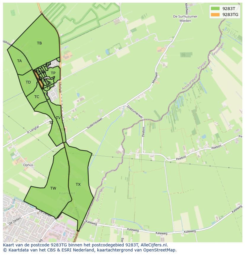 Afbeelding van het postcodegebied 9283 TG op de kaart.